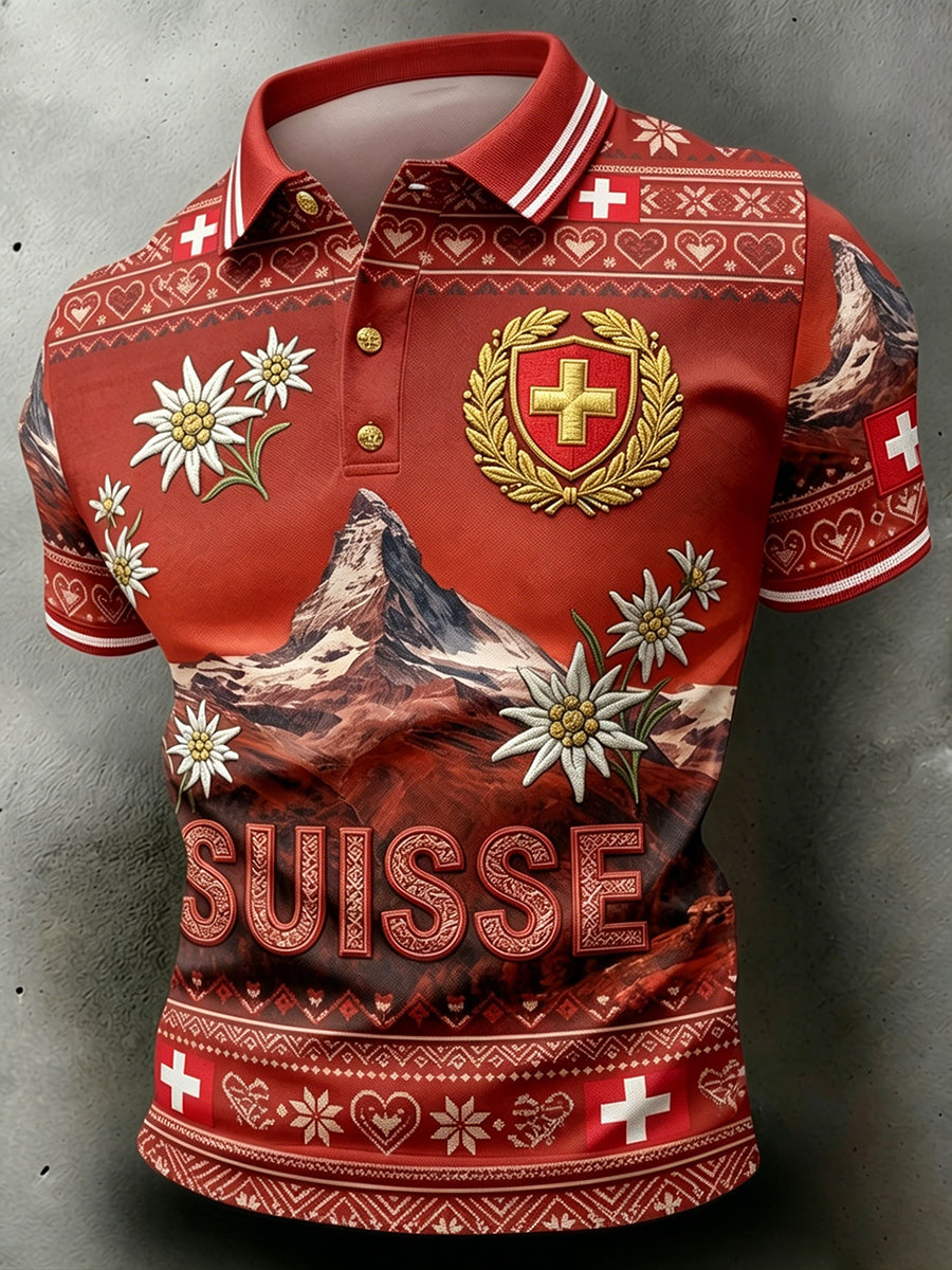 Herren-Poloshirt mit kurzen Ärmeln und Landschafts- sowie Blumenmuster