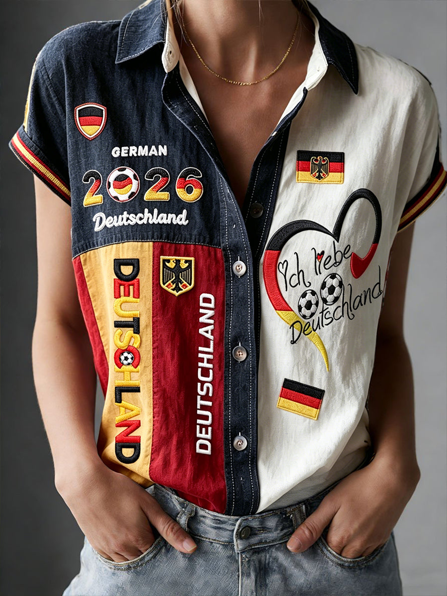 Damen-Deutschland-Fußball-Patchwork-Print-Lässiges Kurzarm-Shirt 2026