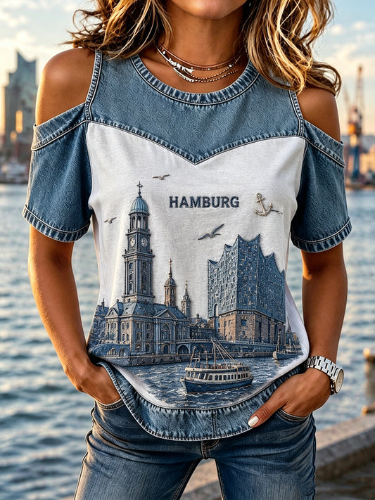 Damen-Top mit Hamburger Hafenlandschaften-Print und Denim-Patchwork