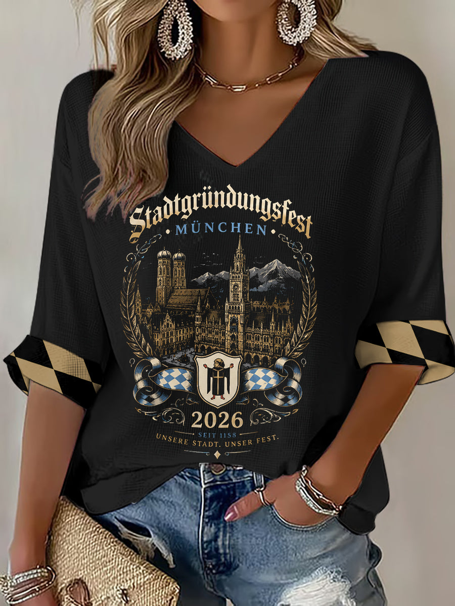 Damen-Stadtgründungsfest-Print-Waffel-T-Shirt