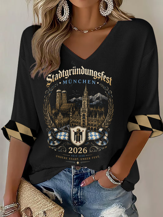 Damen-Stadtgründungsfest-Print-Waffel-T-Shirt