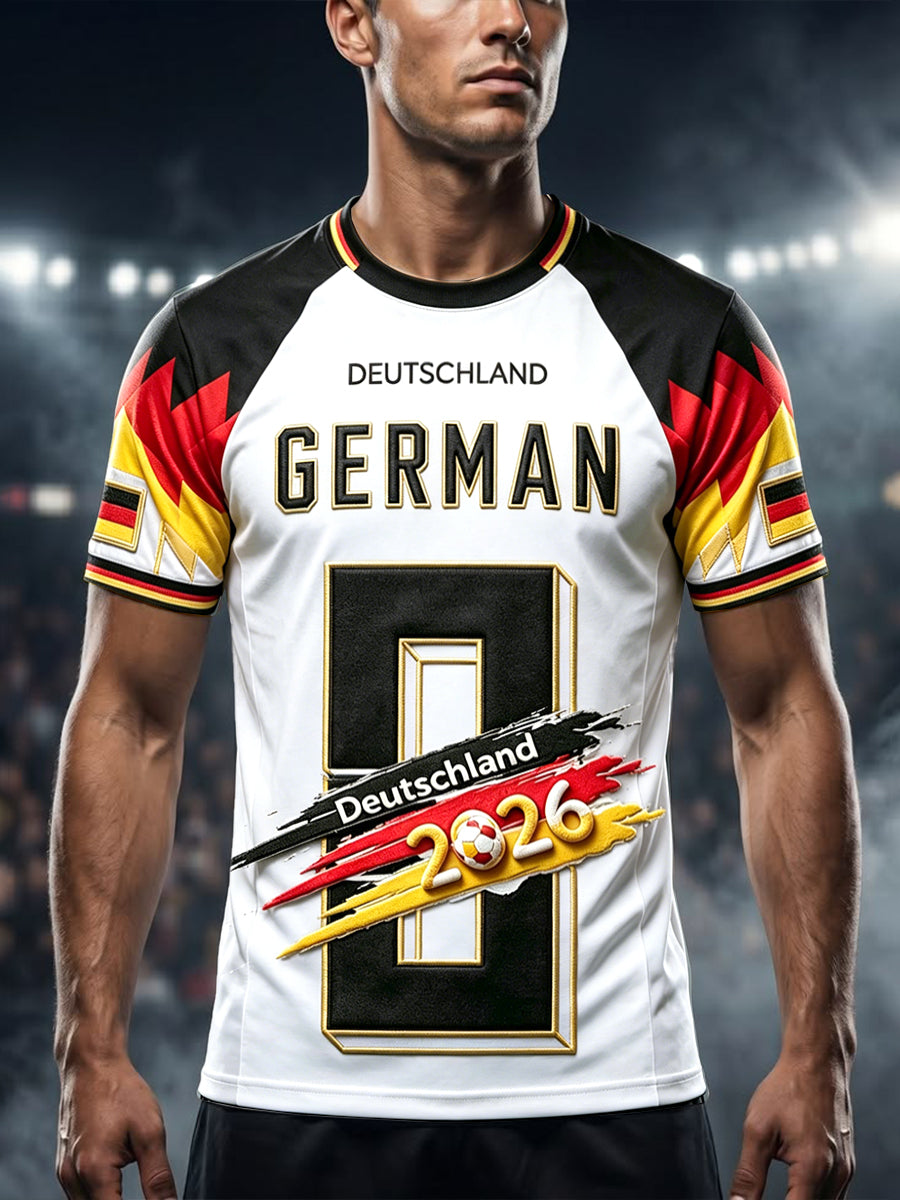 Herrenweißes Freizeit-Kurzarm-T-Shirt mit 3D-Druck zum deutschen Fußball 2026