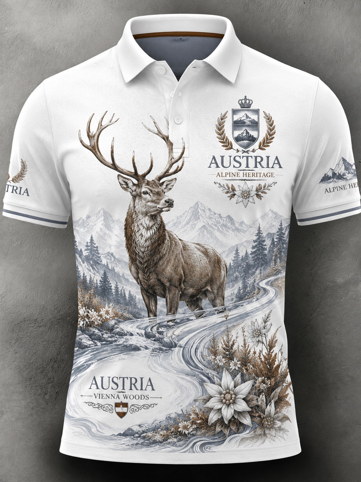 Herren-Polo mit kurzen Ärmeln und Kunstdruck eines österreichischen Naturmotivs