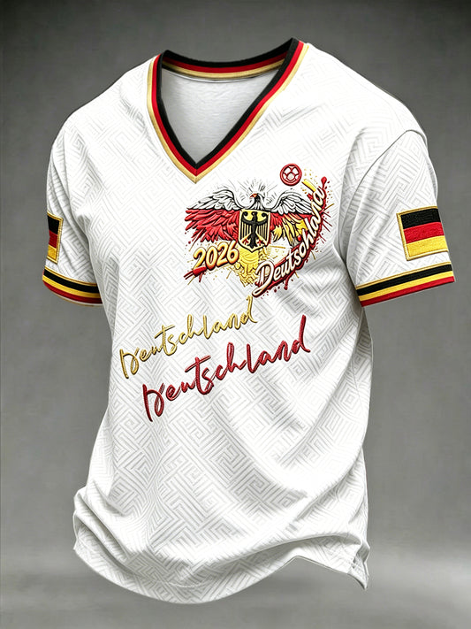 Herren-T-Shirt in Weiß mit Fußball-Print und V-Ausschnitt, lässig geschnitten