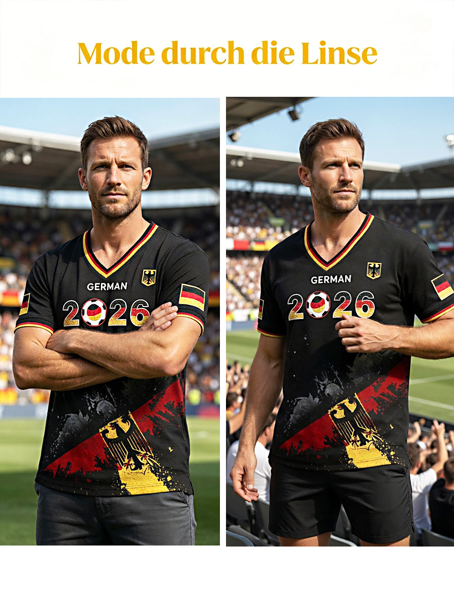 Herren-T-Shirt 2026 schwarz Fußball Deutschland-Print lässig V-Ausschnitt