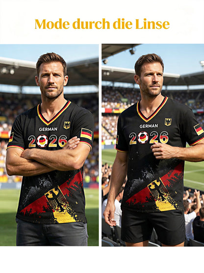 Herren-T-Shirt 2026 schwarz Fußball Deutschland-Print lässig V-Ausschnitt