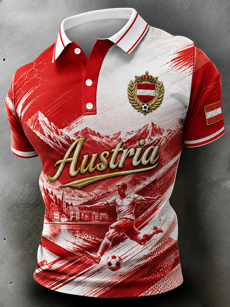 Herren-Poloshirt im Retro-Print mit Fußball-Elementen, lässig, kurzärmelig