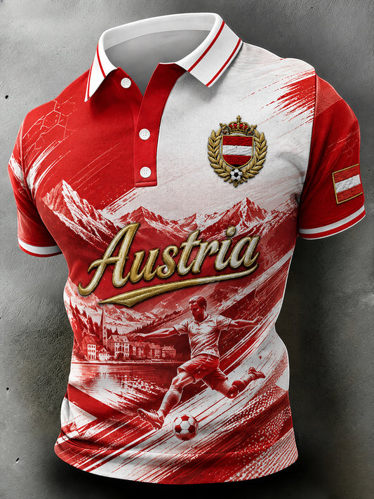 Herren-Poloshirt im Retro-Print mit Fußball-Elementen, lässig, kurzärmelig