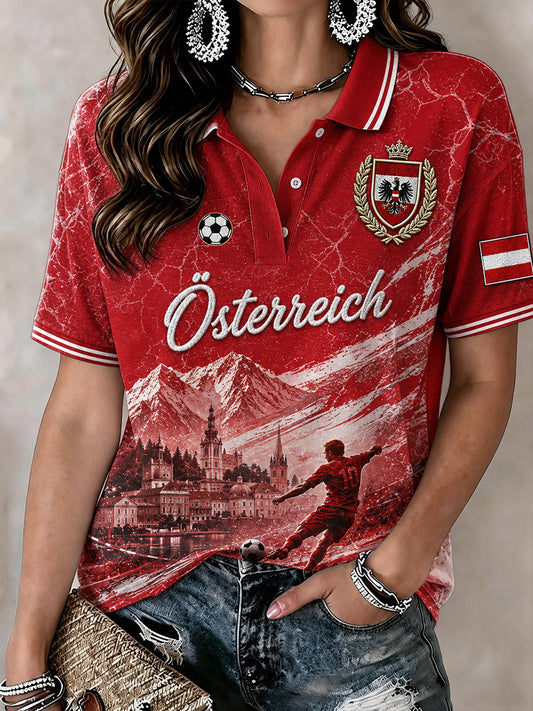Damen-Poloshirt im Retro-Print mit Fußball-Elementen, lässig, kurzärmelig