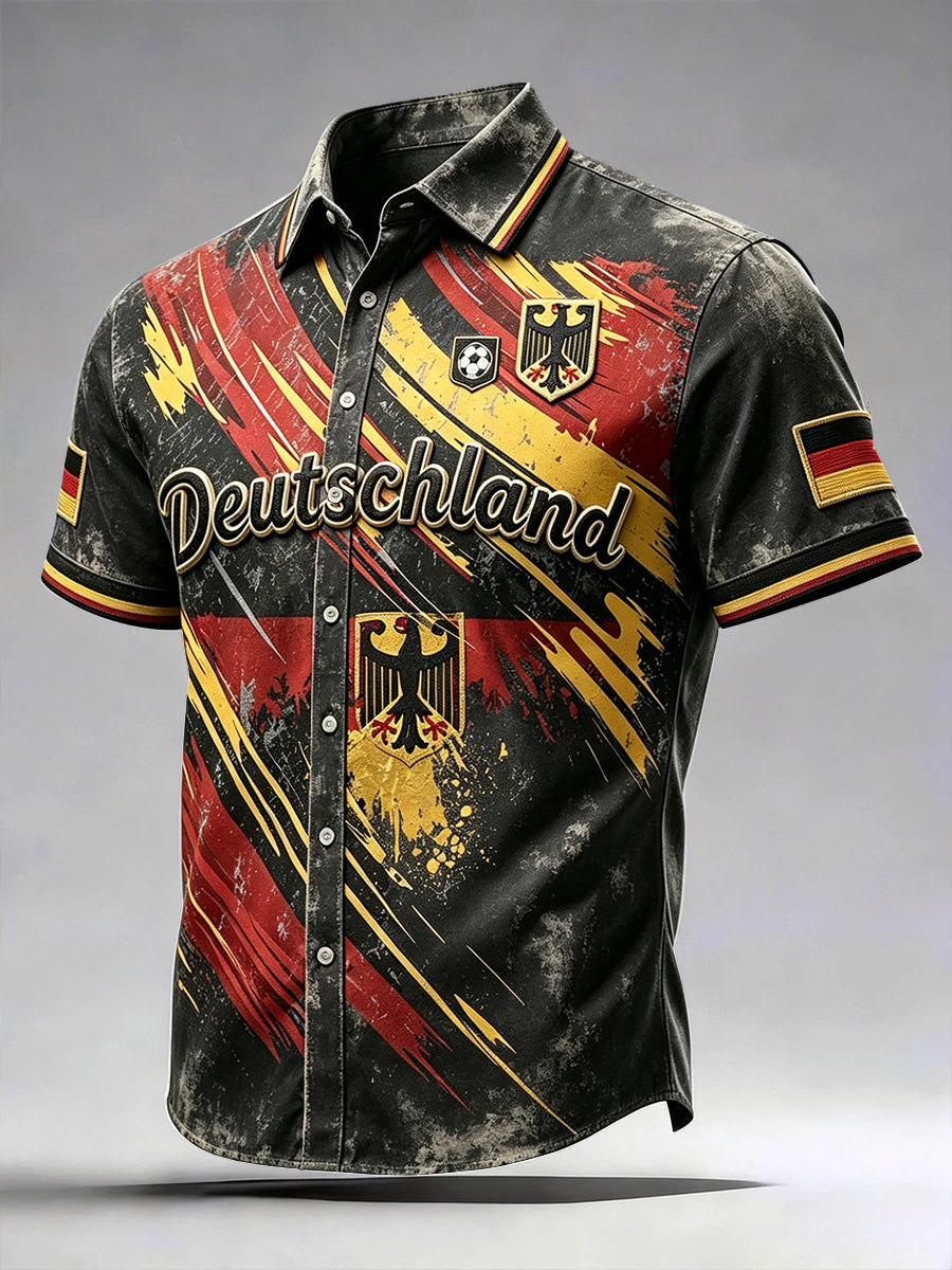 Herren-Vintage-Deutschlandflaggen-Football-Print-Lässiges Kurzarmhemd