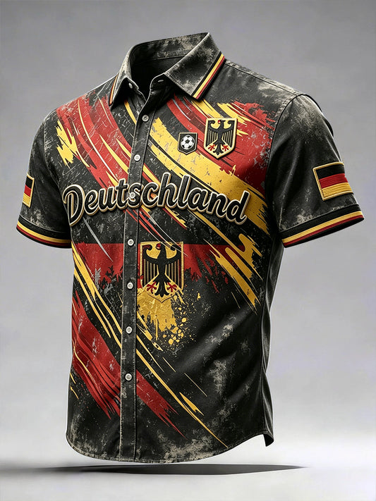 Herren-Vintage-Deutschlandflaggen-Football-Print-Lässiges Kurzarmhemd