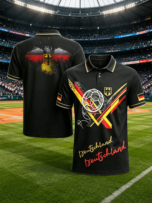 Herren-Poloshirt in Schwarz mit deutschem Fußball-Print, lässig und im Retro-Stil