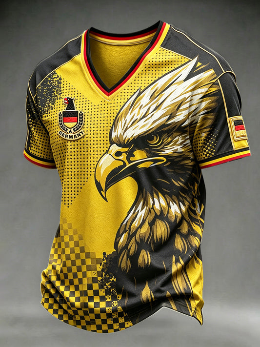 Herren-T-Shirt in Gelb mit deutschem Fußballadler-Print, lässiger V-Ausschnitt