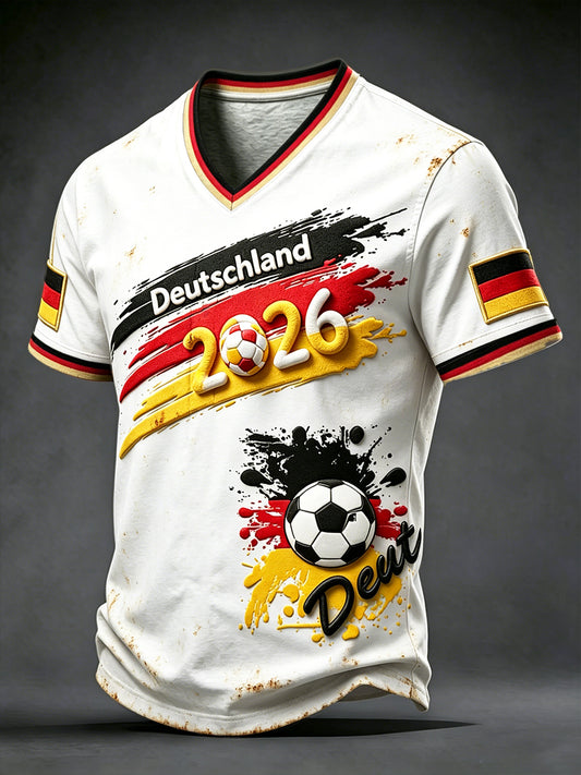 Herren-T-Shirt im Vintage-Stil mit V-Ausschnitt, 3D-gedruckt, deutscher Fußball 2026