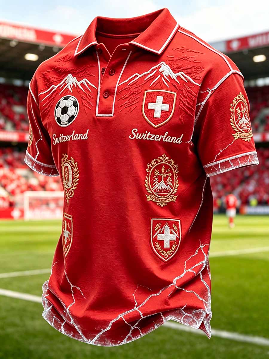 Herren-Poloshirt im Stil der Schweizer Fussballliga, mit Kunstdruck, lässig geschnitten