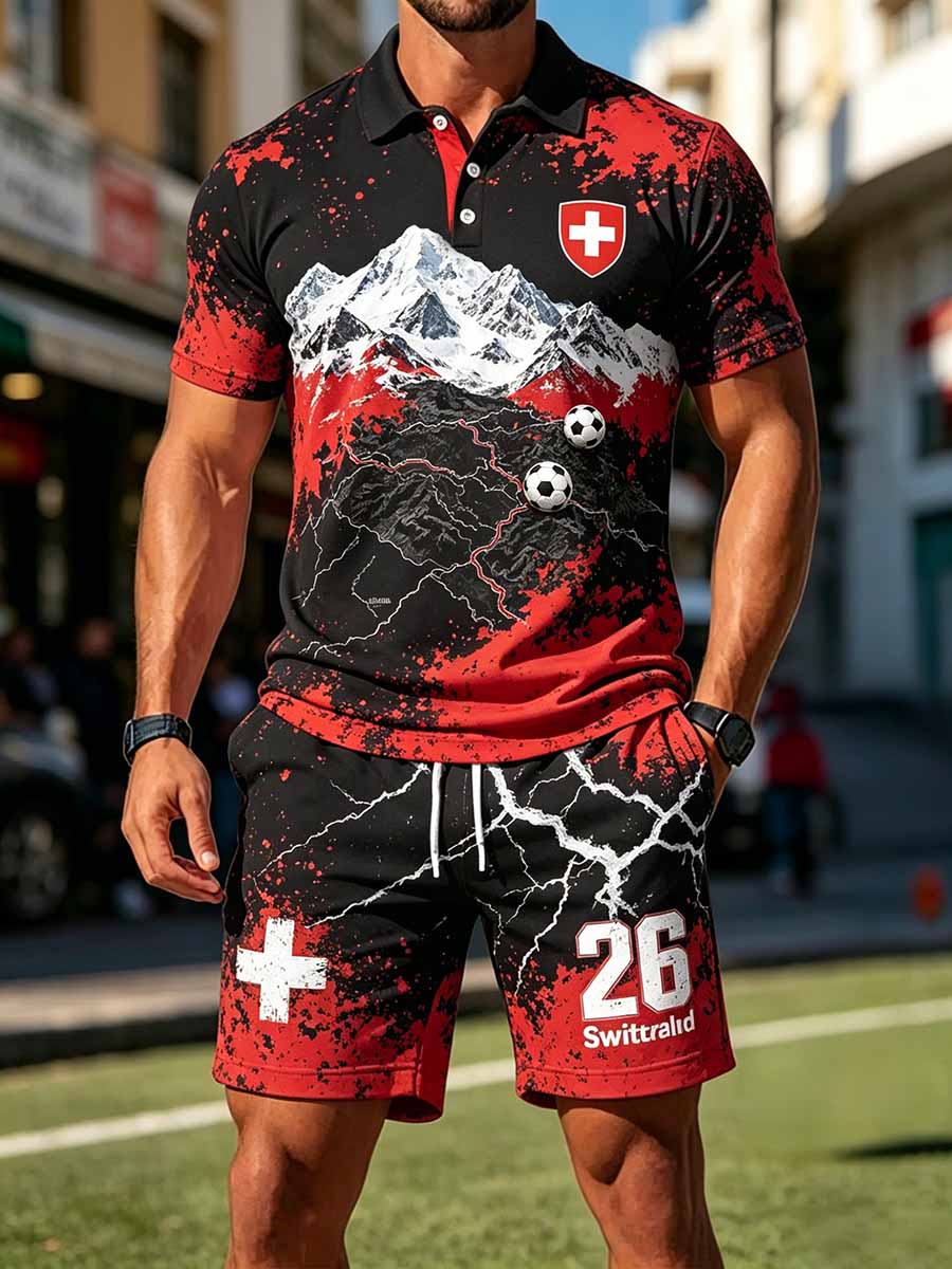 Herren-Schweizer-Fußballliga-Kunstdruck-Lässiges-Polo-Hemd-Set
