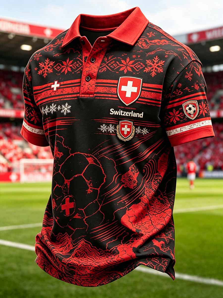 Herren-Poloshirt im Stil der Schweizer Fussballliga, mit Kunstdruck, lässig geschnitten