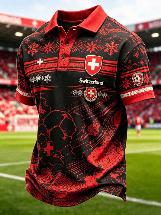 Herren-Poloshirt im Stil der Schweizer Fussballliga, mit Kunstdruck, lässig geschnitten