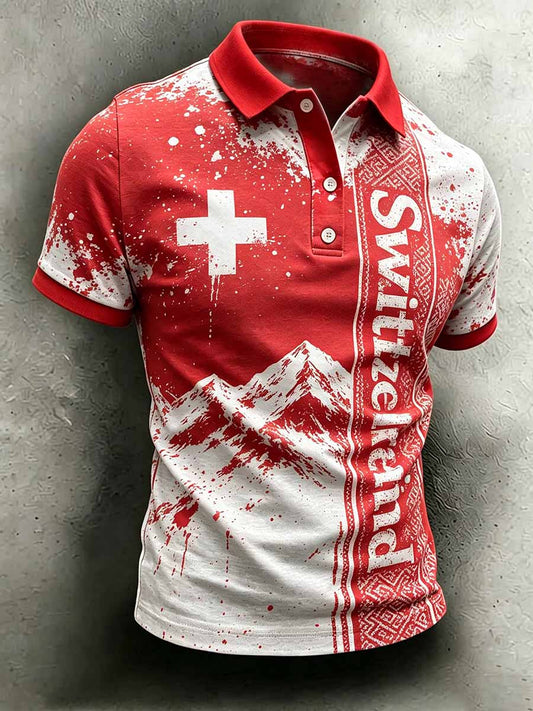 Herren-Poloshirt im Stil der Schweizer Fussballliga, mit Kunstdruck, lässig geschnitten