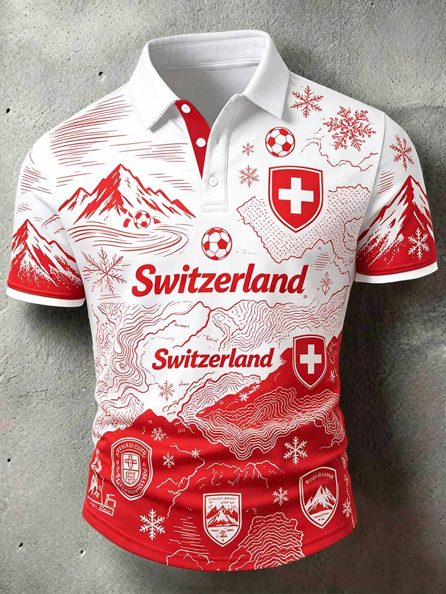 Herren-Poloshirt im Stil der Schweizer Fussballliga, mit Kunstdruck, lässig geschnitten