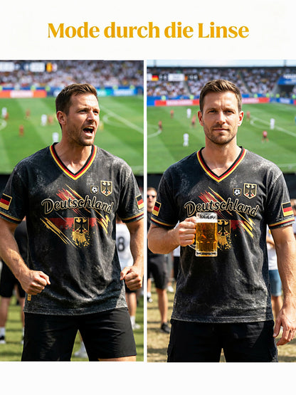 Herren-T-Shirt in Schwarz mit klassischem deutschen Fußball-Print, lässiger V-Ausschnitt