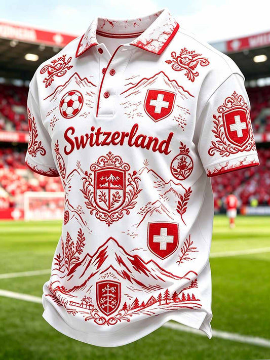 Herren-Poloshirt im Stil der Schweizer Fussballliga, mit Kunstdruck, lässig geschnitten