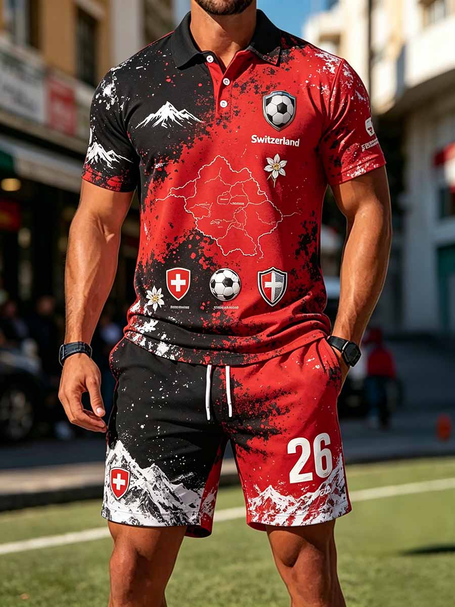 Herren-Schweizer-Fußballliga-Kunstdruck-Lässiges-Polo-Hemd-Set
