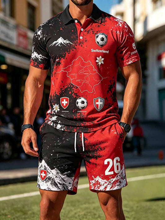 Herren-Schweizer-Fußballliga-Kunstdruck-Lässiges-Polo-Hemd-Set
