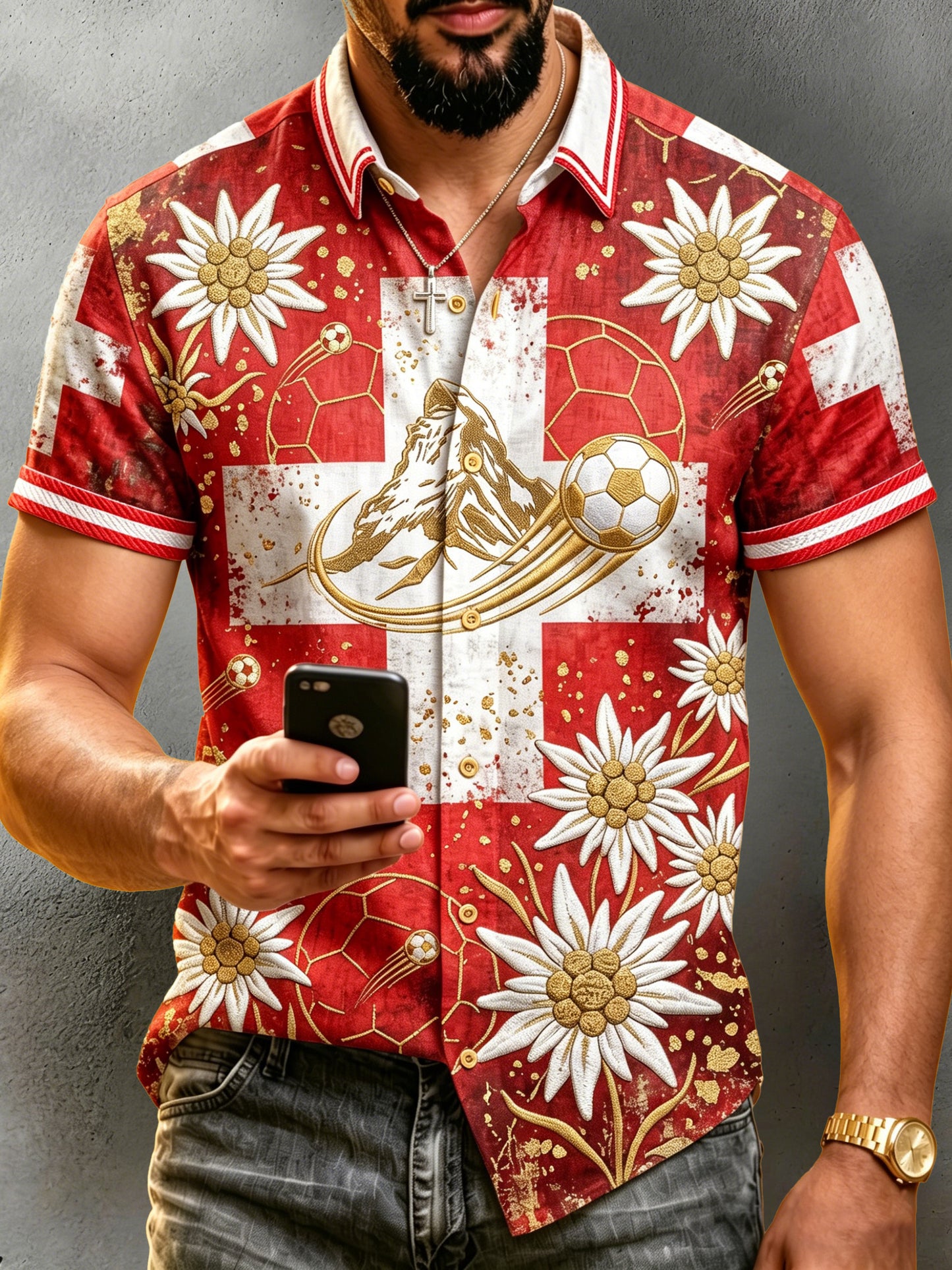 Herren-Schweizer Fußballspiel-Fan-Kunstdruck-Kurzarm-Shirt