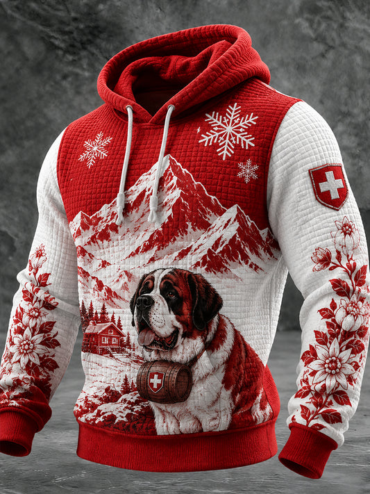 Herren-Kapuzenpullover mit Schneeberg-Print, Waffelstruktur und langen Ärmeln