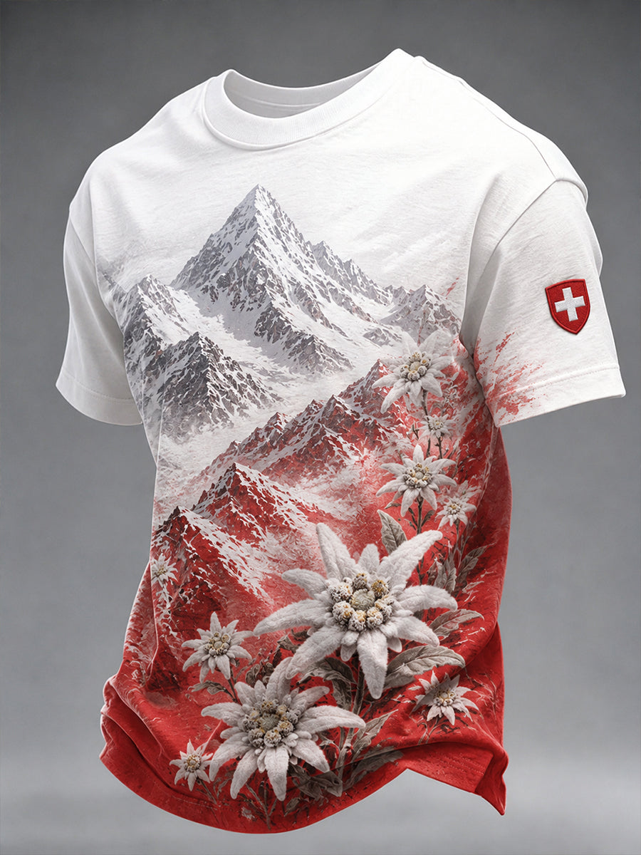 Herren-Freizeit-T-Shirt mit Blumenprint für den Schneeberg, kurze Ärmel