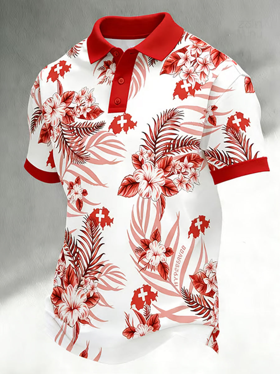 Herren-Poloshirt mit floralem Print und kurzen Ärmeln