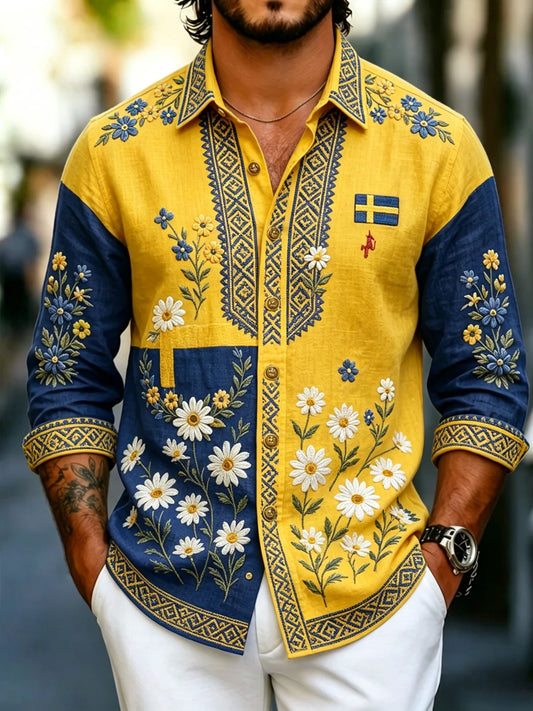 Herren-Retro-Hemd zum schwedischen Nationalfeiertag, Mittsommer, im Folklore-Stil mit Blumenmuster aus Baumwolle-Leinen