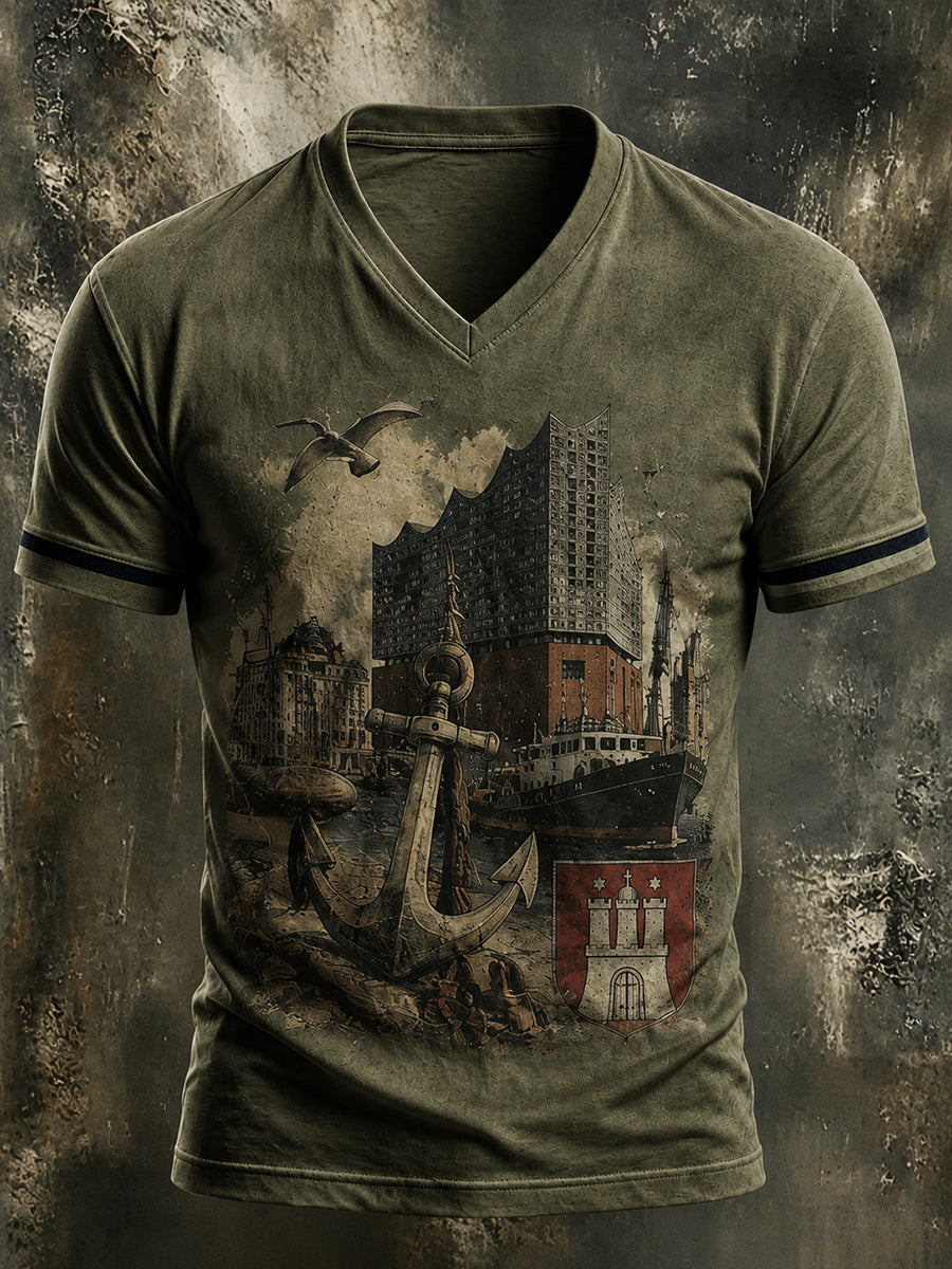 Herren-Retro-T-Shirt mit V-Ausschnitt, Hamburg, Stadthafen