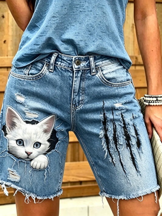 Kurze Damen-Jeans mit tierischem Kunst-Druck