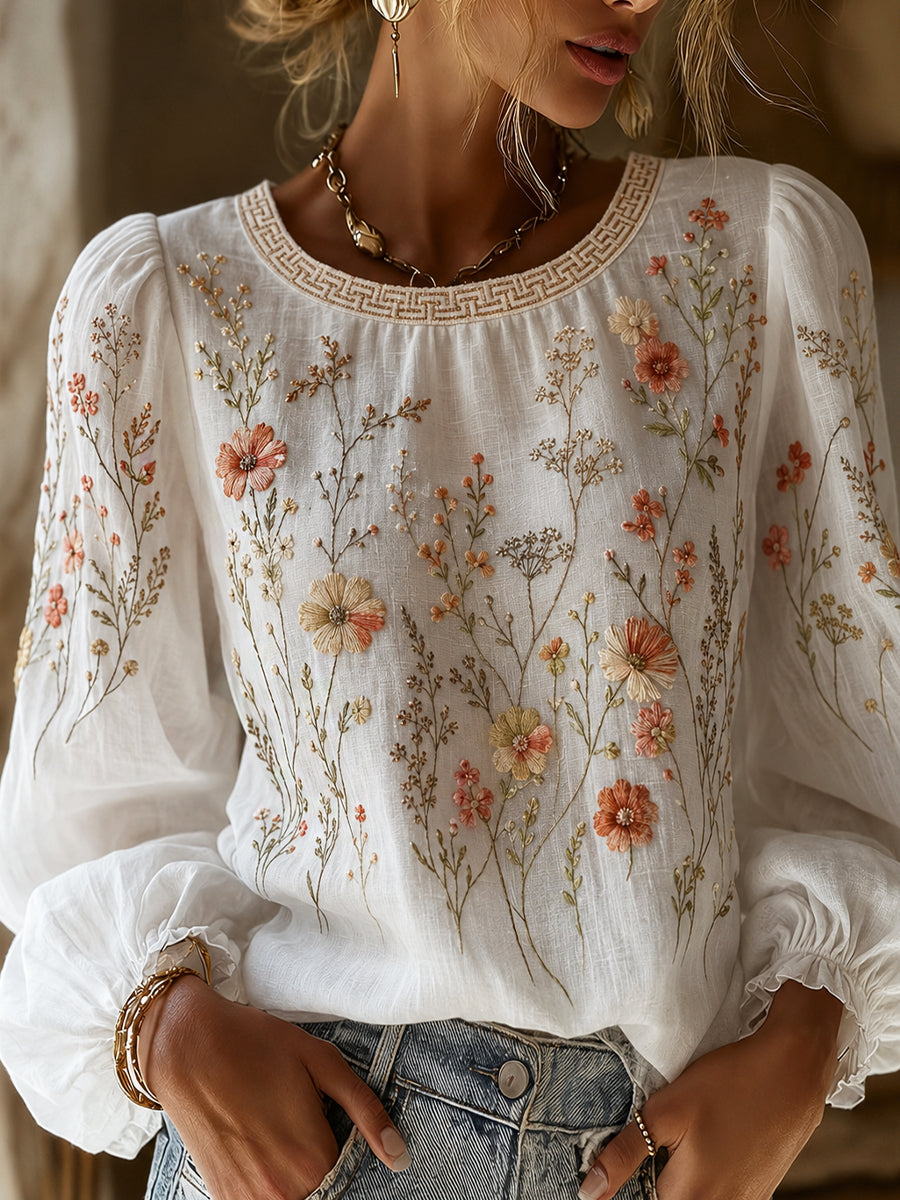 Damen-Top aus Baumwolle-Leinen im Vintage-Stil mit floraler Kunstprint-Optik
