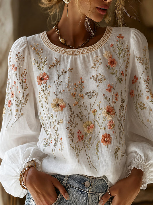 Damen-Top aus Baumwolle-Leinen im Vintage-Stil mit floraler Kunstprint-Optik