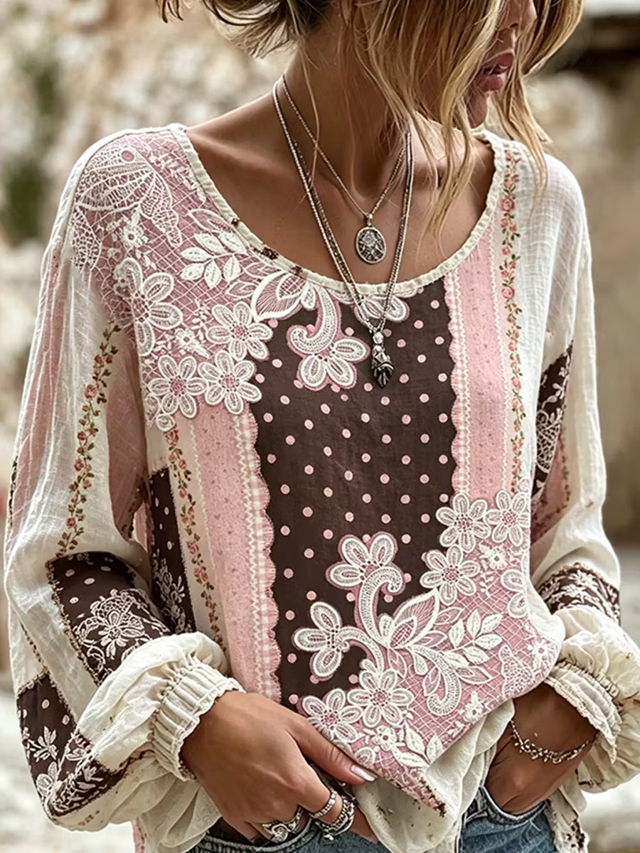 Damen-Top aus Baumwolle-Leinen im Vintage-Stil mit floraler Kunstprint-Optik