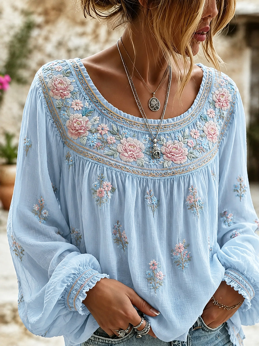 Damen-Top aus Baumwolle-Leinen im Vintage-Stil mit floraler Kunstprint-Optik
