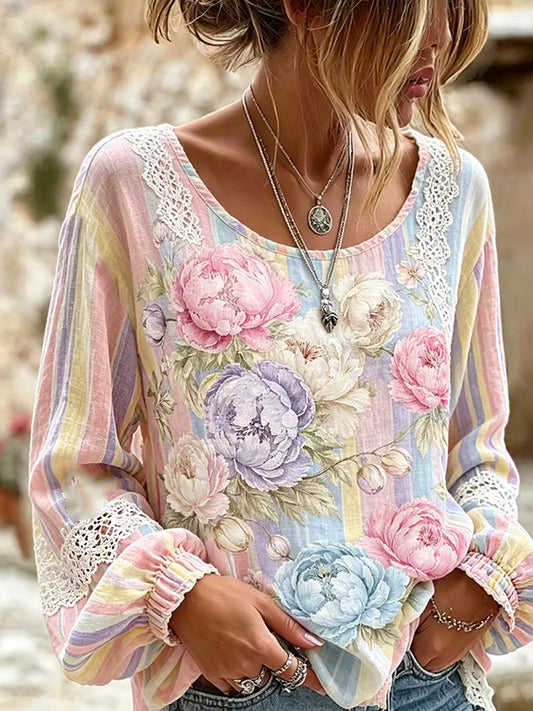 Damen-Top aus Baumwolle-Leinen im Vintage-Stil mit floraler Kunstprint-Optik