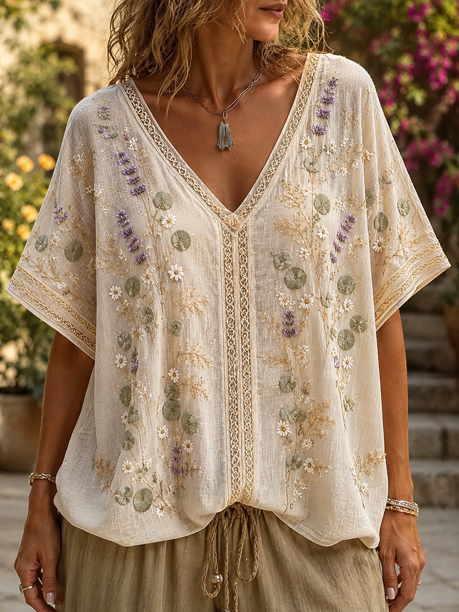 Damen-Top aus Baumwolle-Leinen im Vintage-Stil mit floraler Kunstprint-Optik