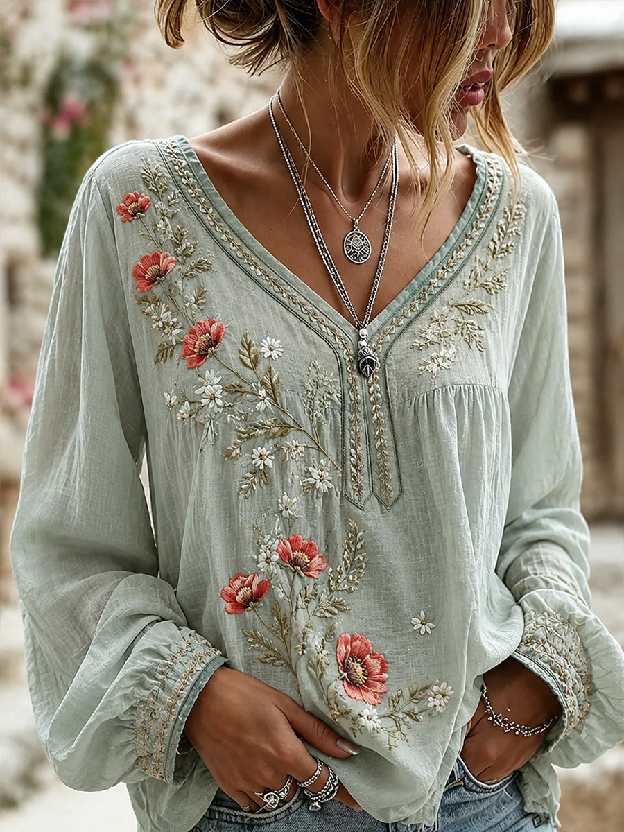 Damen-Top aus Baumwolle-Leinen im Vintage-Stil mit floraler Kunstprint-Optik