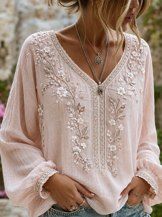 Damen-Top aus Baumwolle-Leinen im Vintage-Stil mit floraler Kunstprint-Optik