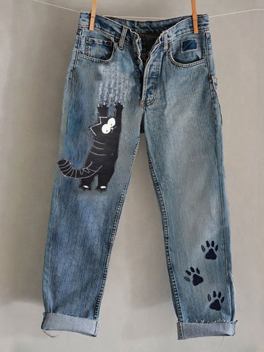 Damen-Hosen mit Katzenkunstdruck, lässig