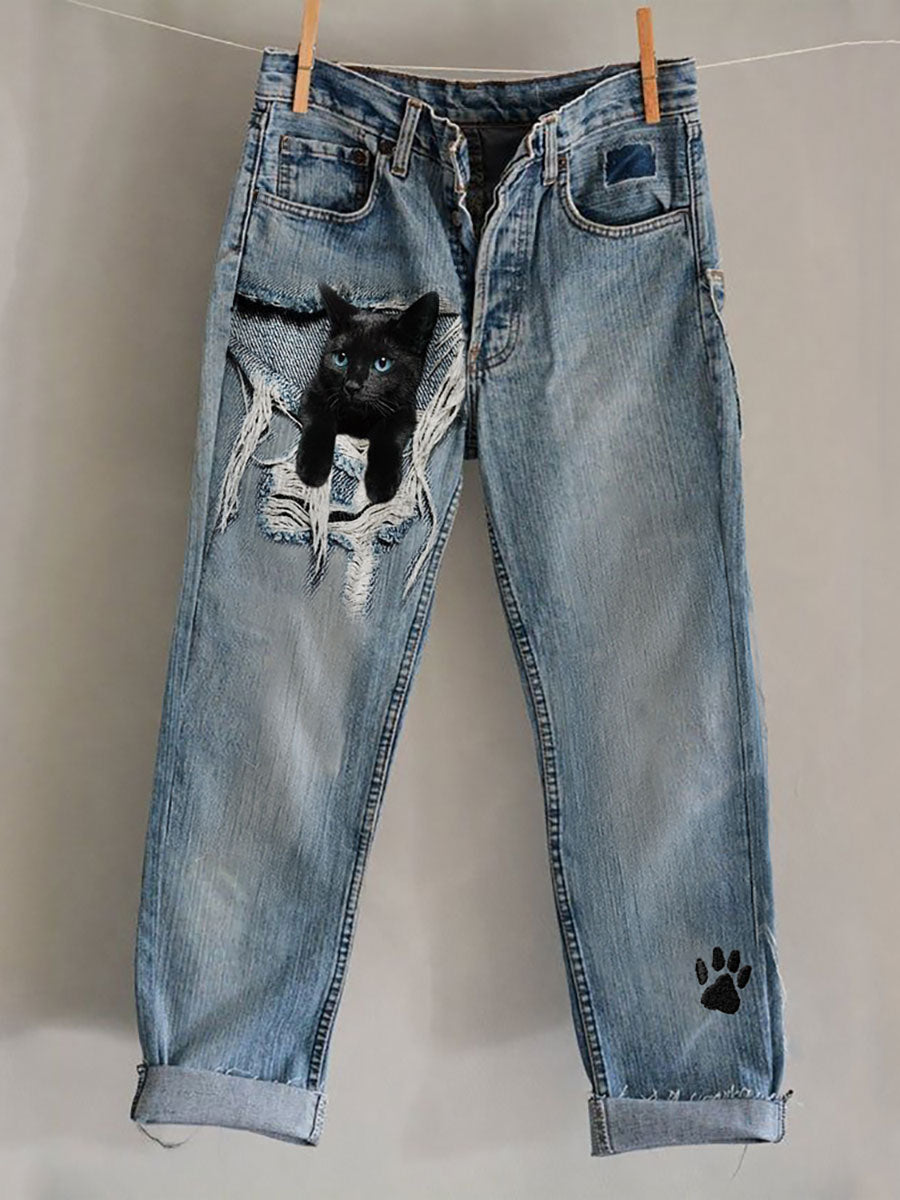 Damen-Hosen mit Katzenkunstdruck, lässig
