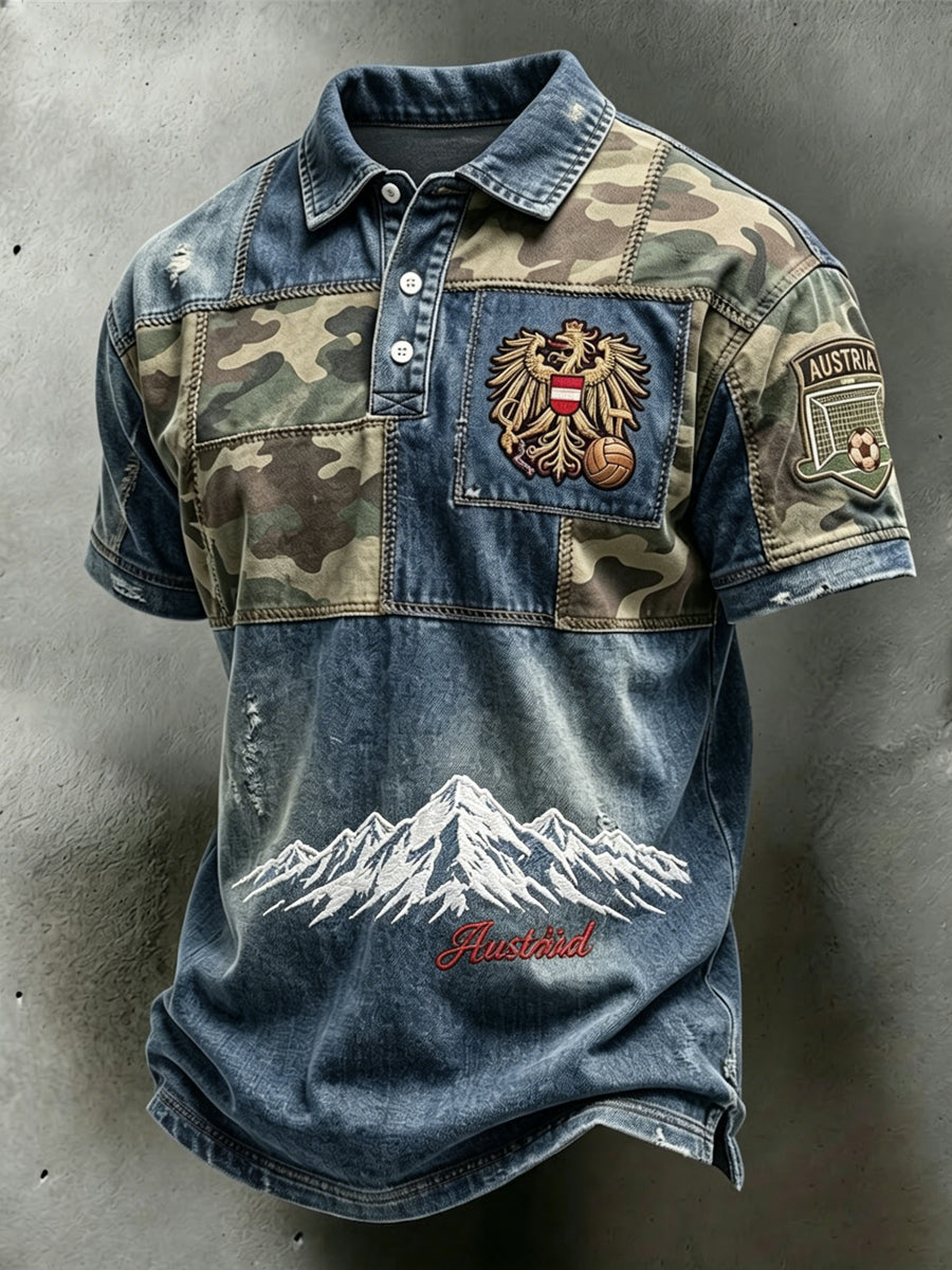 Retro-Österreichisches Alpen-Tarnmuster-Patchwork-Lässiges Poloshirt