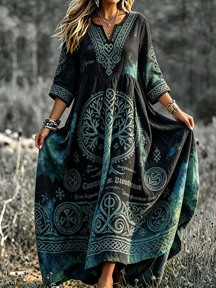 Frauen Viking Stil nordisch Kunst bedrucktes Leinen kleid