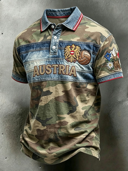 Retro-Österreichische Tarnmuster-Patchwork-Casual-Poloshirt