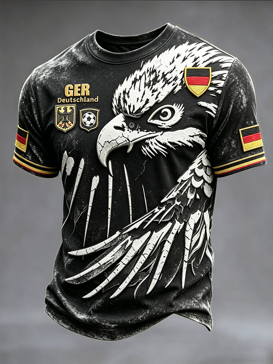 Herren Deutsch Fußball Adler Print Vintage Schwarz Casual T-Shirt