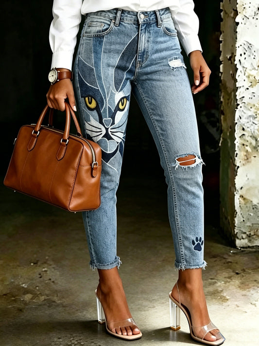 Damen-Tier-Katzen-Print-Jeans